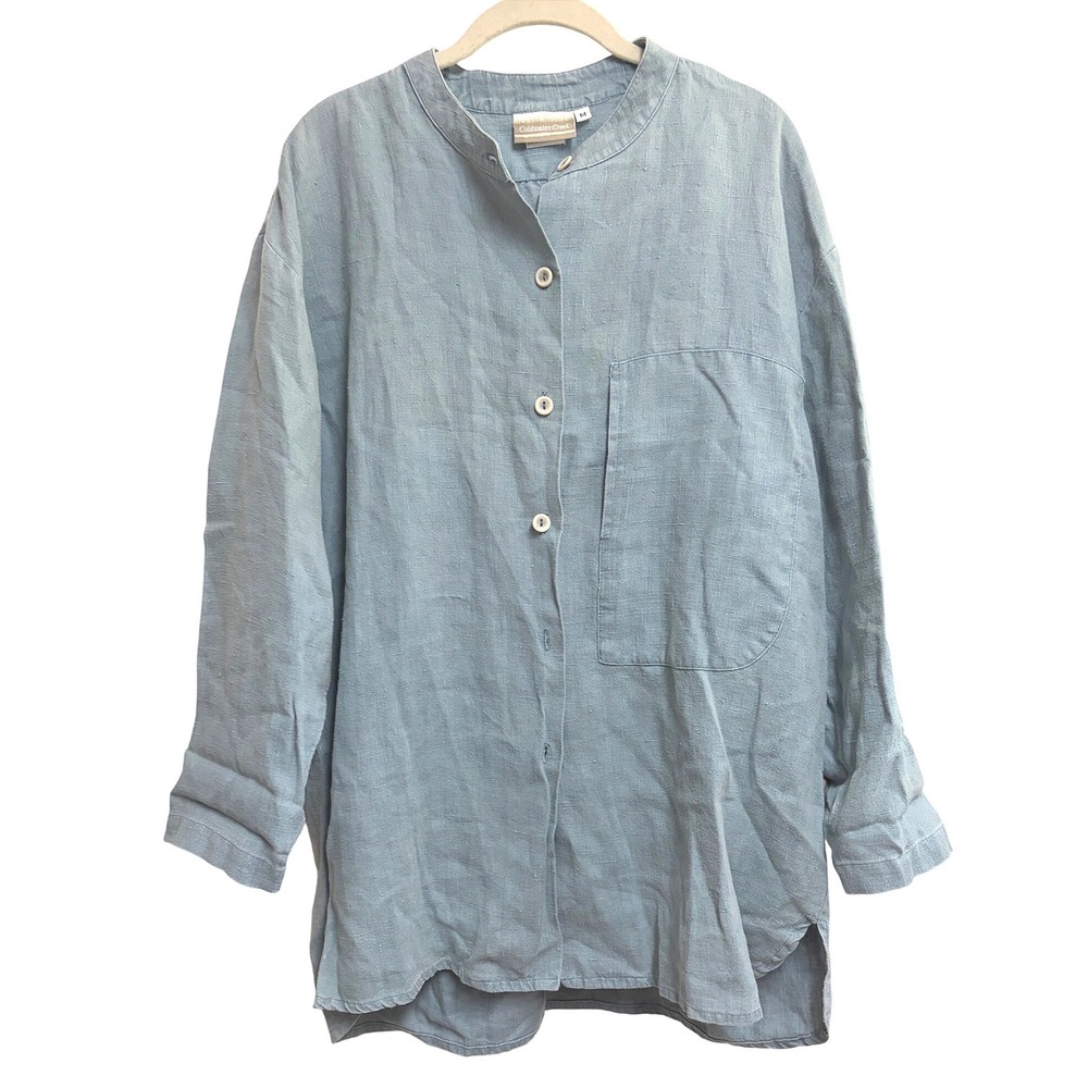 Coldwater Creek Coastal Blue Linen Button Down Tunic Blue Mandarin Collar M